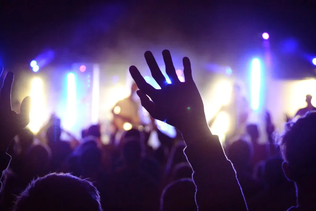 concert goer with hand in the air